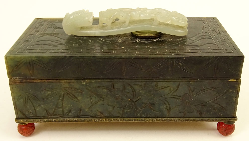 Vintage Chinese Mottled Spinach Jade Covered Box with White Jade Belt buckle Top.