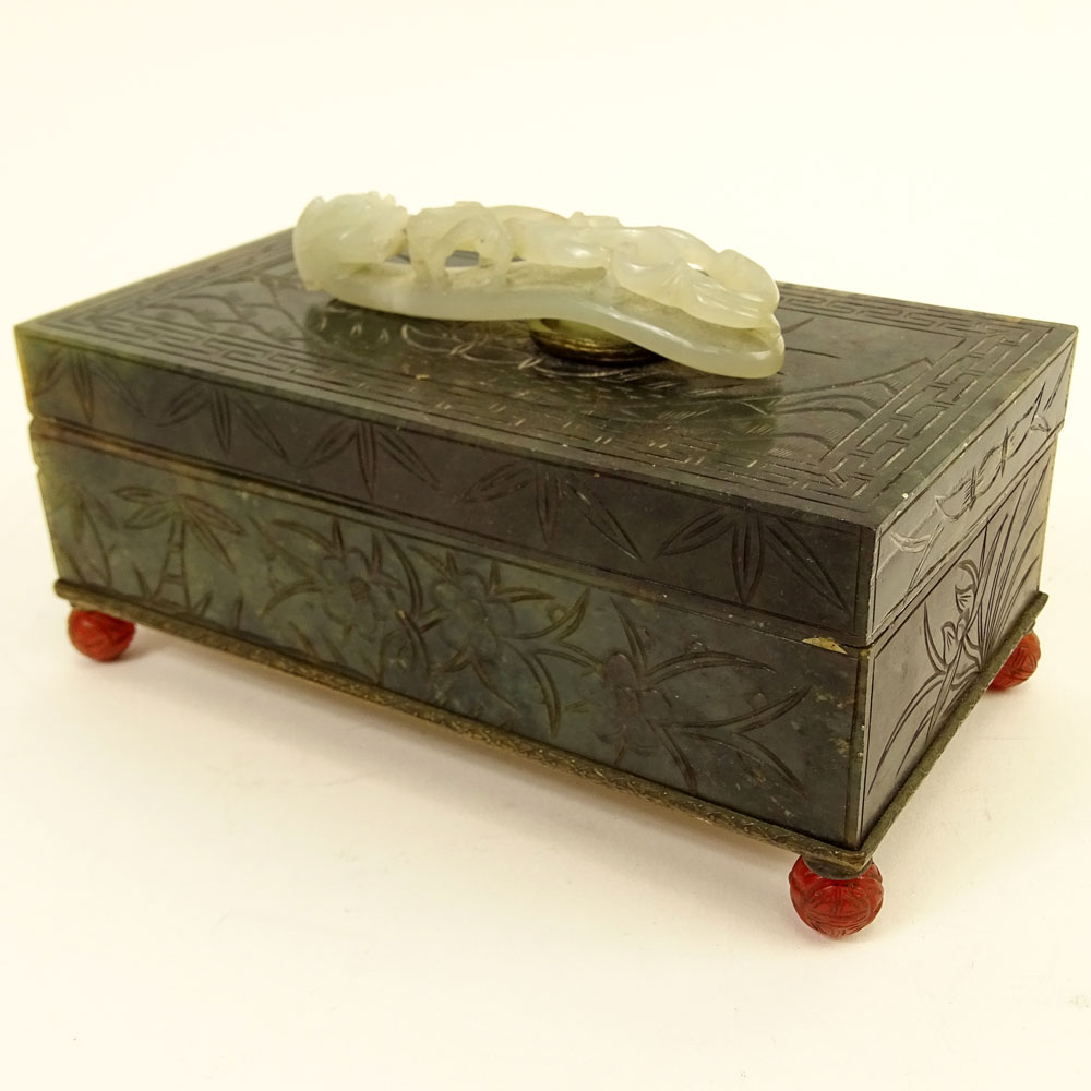 Vintage Chinese Mottled Spinach Jade Covered Box with White Jade Belt buckle Top.