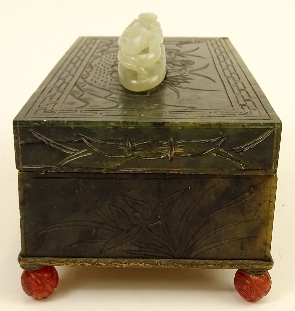 Vintage Chinese Mottled Spinach Jade Covered Box with White Jade Belt buckle Top.