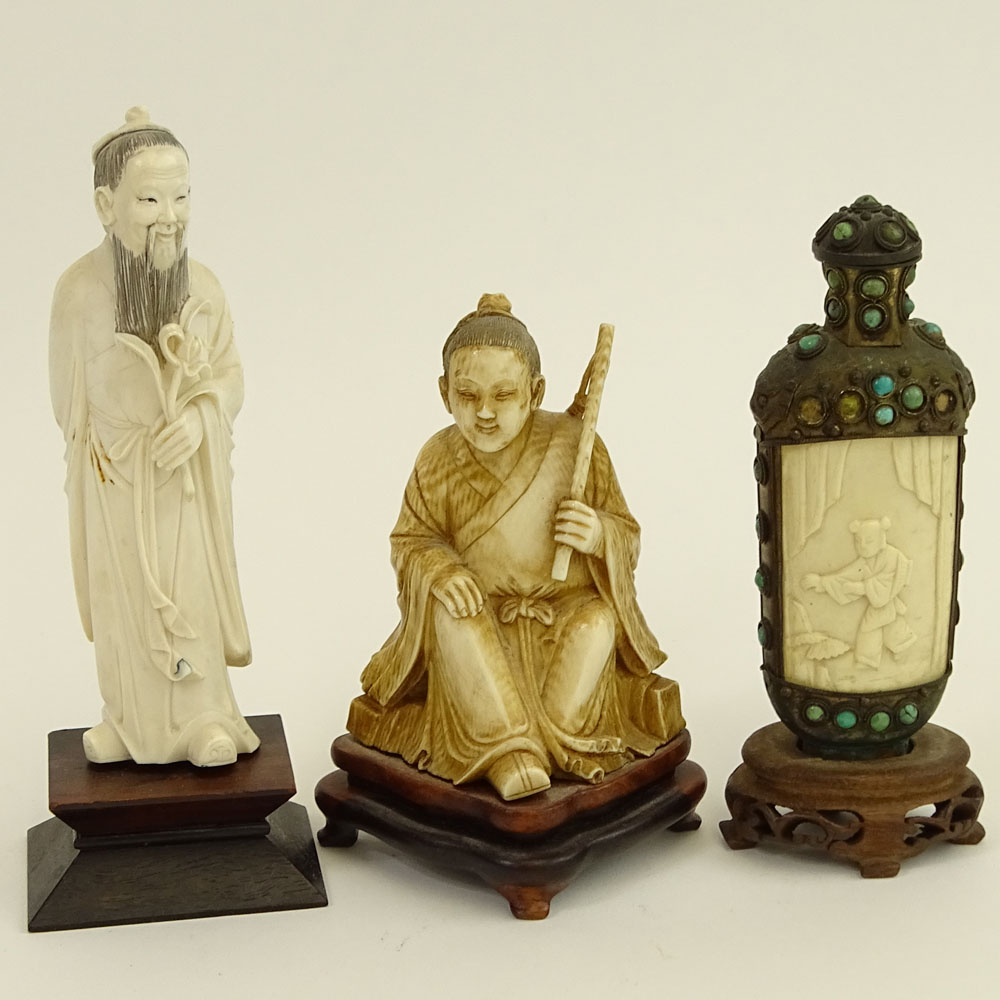 Vintage Chinese Three (3) Piece Ivory Lot. Includes 2 carved figurines, a metal mounted carved snuff bottle. 