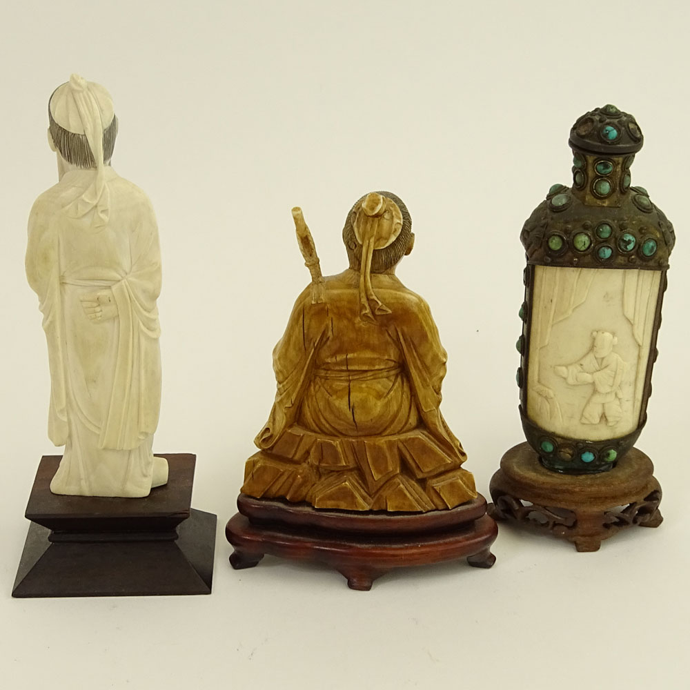 Vintage Chinese Three (3) Piece Ivory Lot. Includes 2 carved figurines, a metal mounted carved snuff bottle. 