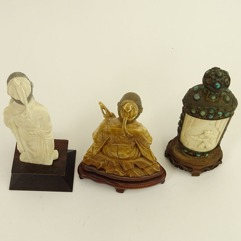 Vintage Chinese Three (3) Piece Ivory Lot. Includes 2 carved figurines, a metal mounted carved snuff bottle. 