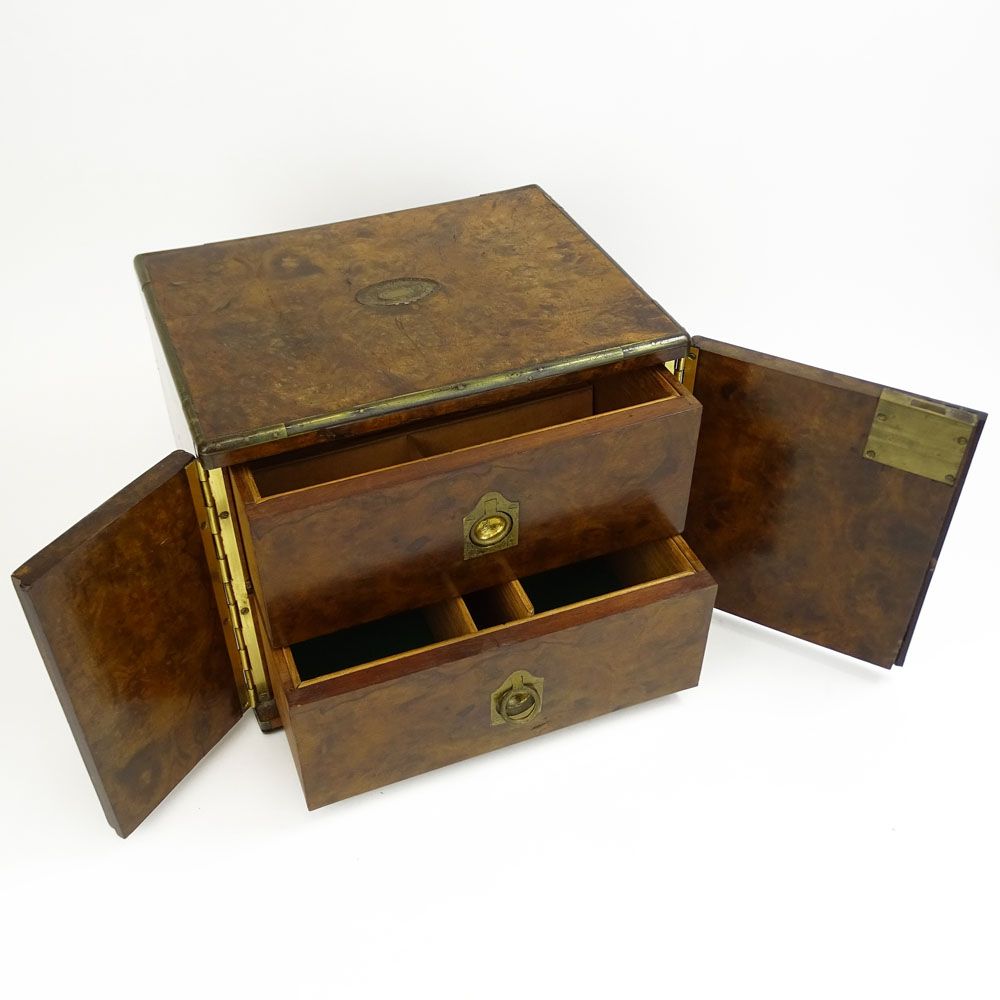 Antique English Burl Walnut Two-Drawer Jewelry Chest.