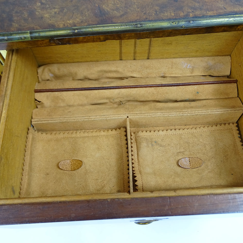 Antique English Burl Walnut Two-Drawer Jewelry Chest.