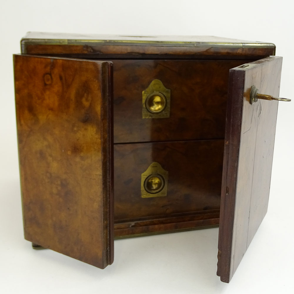 Antique English Burl Walnut Two-Drawer Jewelry Chest.