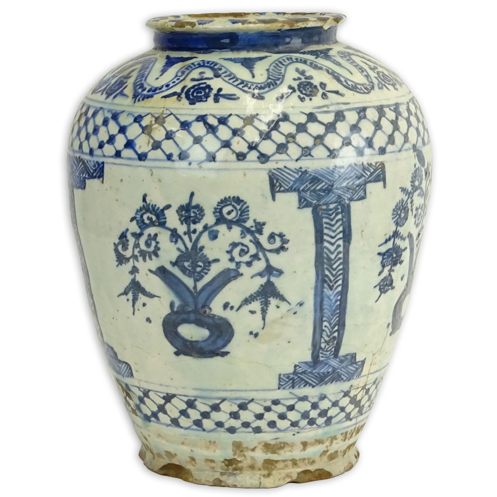 18th C or earlier Persian Blue & White Glazed Pottery Vase.