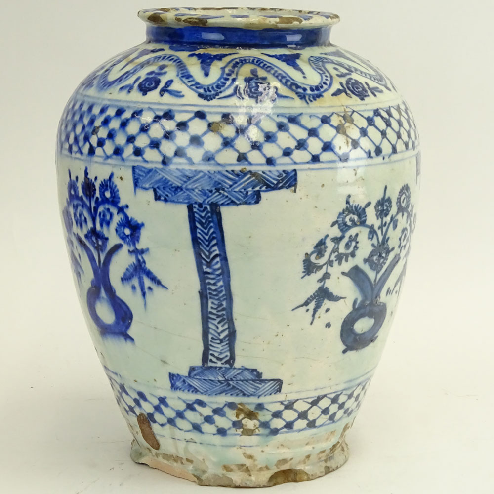 18th C or earlier Persian Blue & White Glazed Pottery Vase.