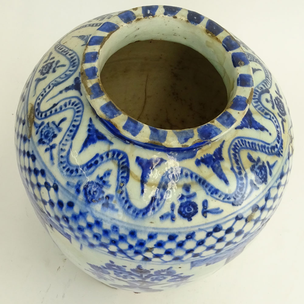 18th C or earlier Persian Blue & White Glazed Pottery Vase.