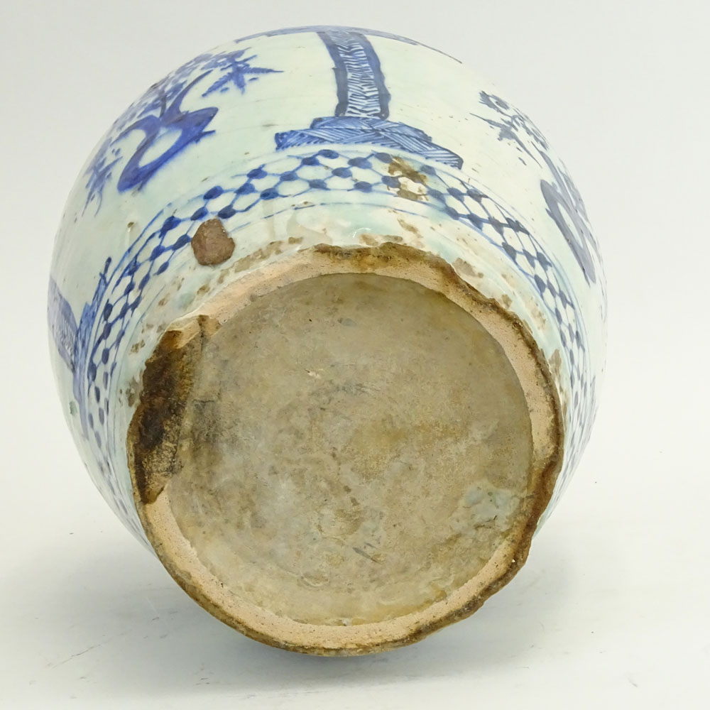 18th C or earlier Persian Blue & White Glazed Pottery Vase.