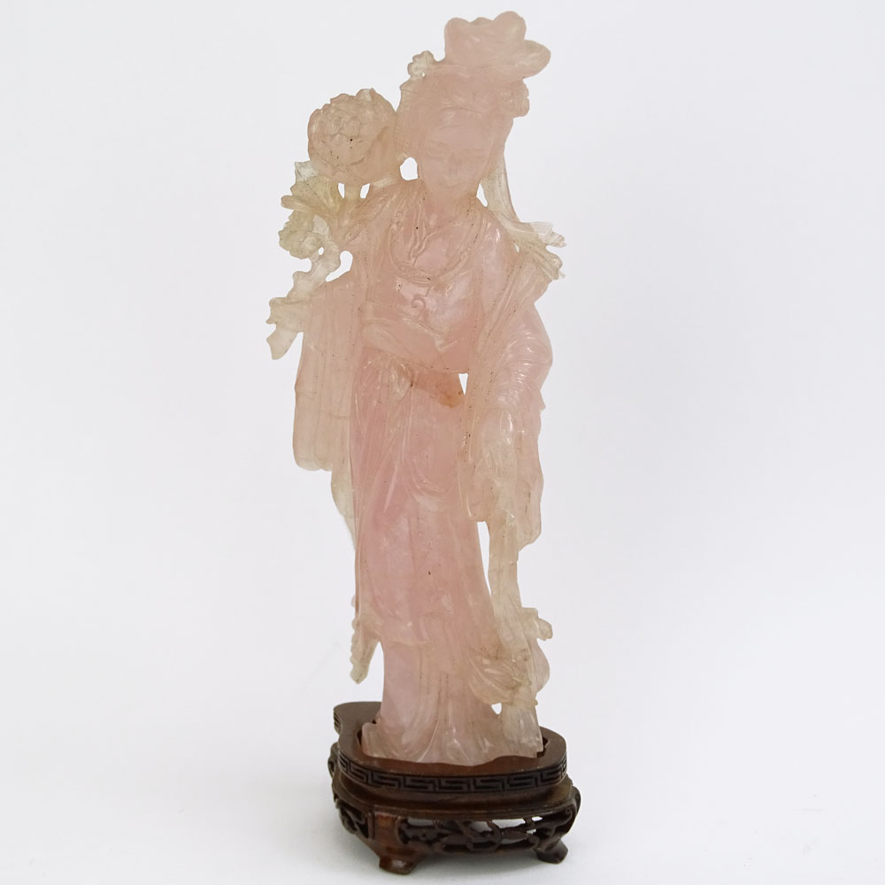 Mid 20th Century Chinese Carved Rose Quartz Guanyin Figure with Carved Wood Base.