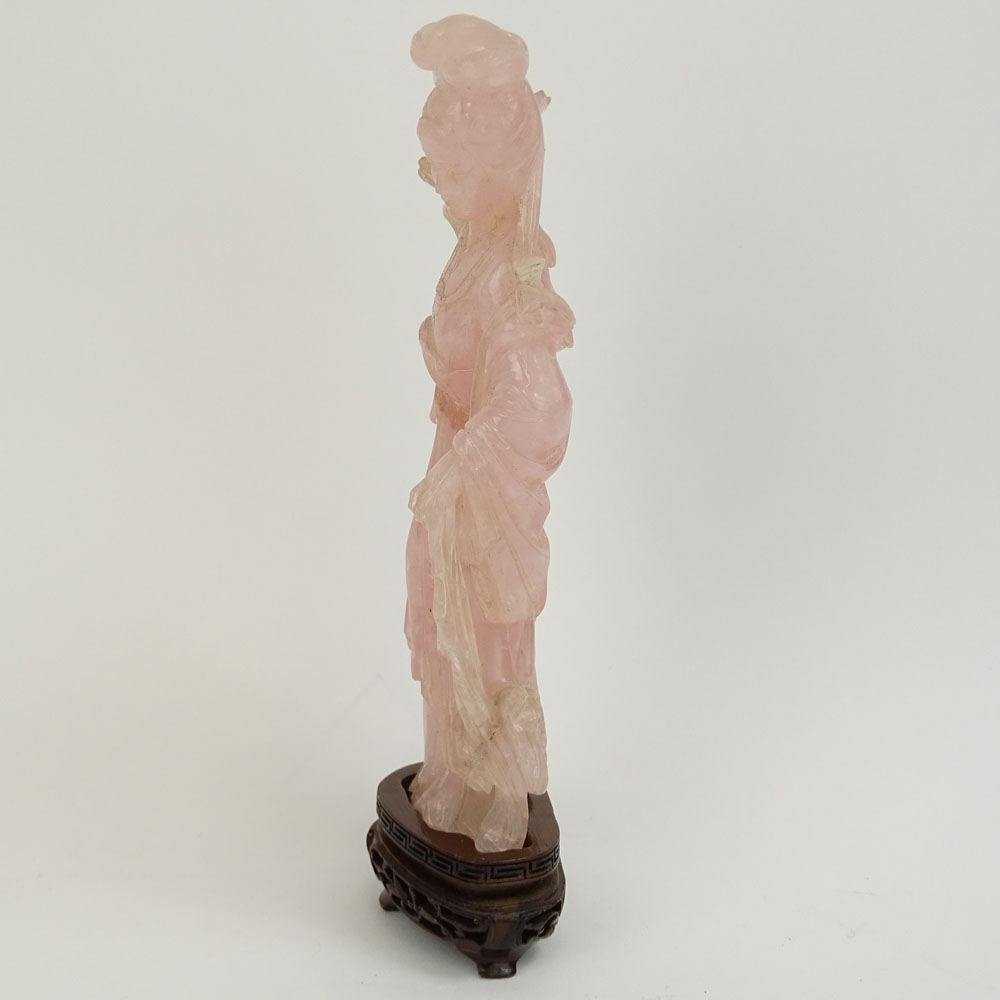 Mid 20th Century Chinese Carved Rose Quartz Guanyin Figure with Carved Wood Base.