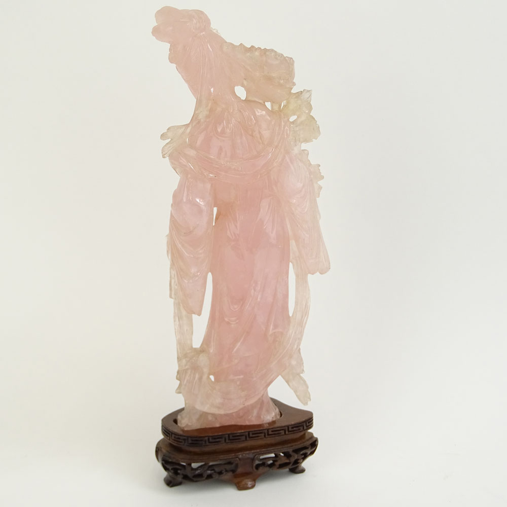 Mid 20th Century Chinese Carved Rose Quartz Guanyin Figure with Carved Wood Base.