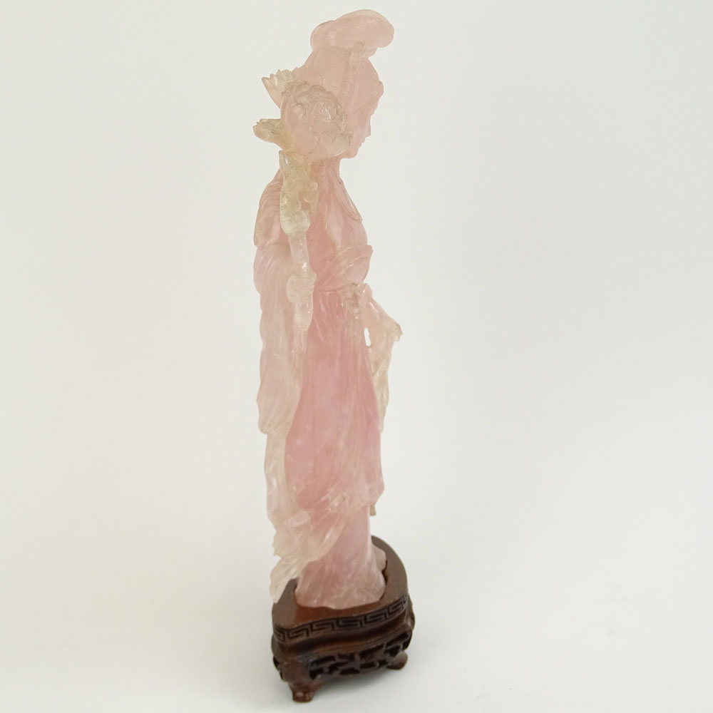 Mid 20th Century Chinese Carved Rose Quartz Guanyin Figure with Carved Wood Base.