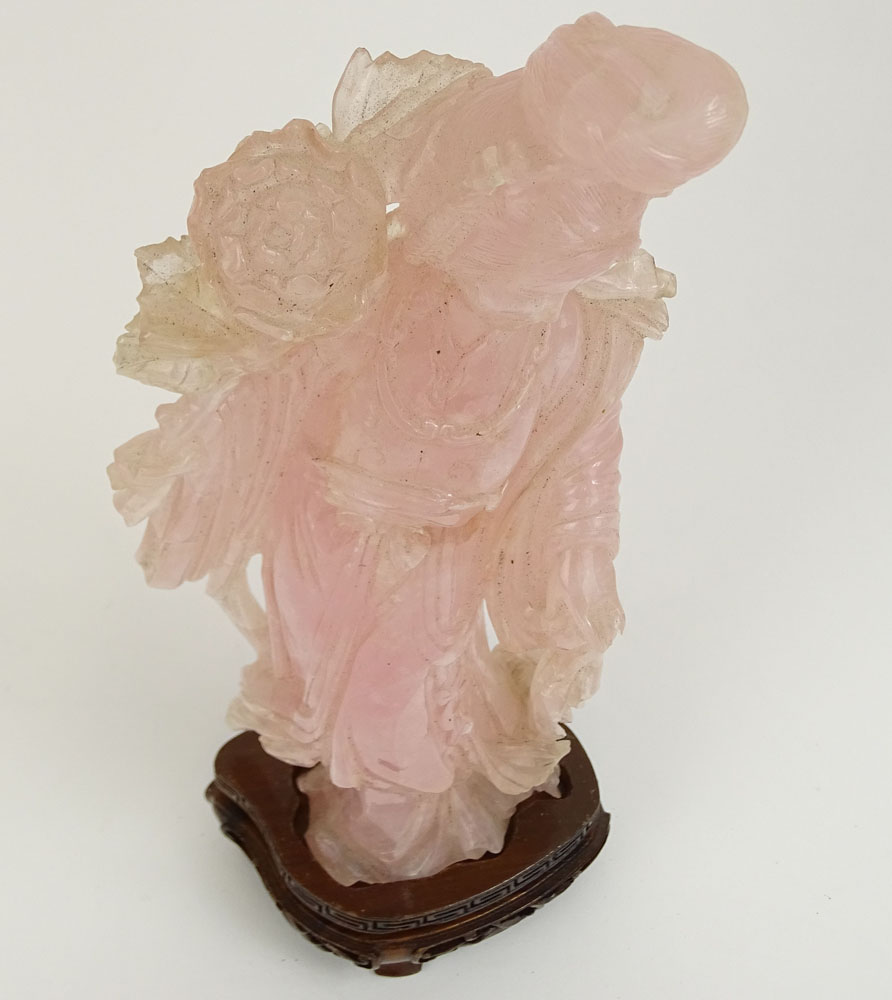 Mid 20th Century Chinese Carved Rose Quartz Guanyin Figure with Carved Wood Base.