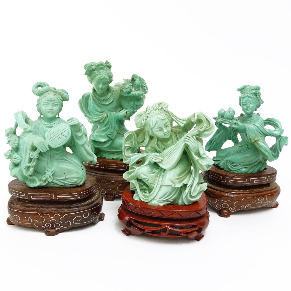 Set of four (4) Vintage Chinese Carved Turquoise Figurines on Hardwood Stands.