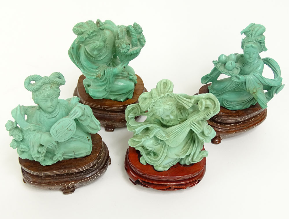 Set of four (4) Vintage Chinese Carved Turquoise Figurines on Hardwood Stands.