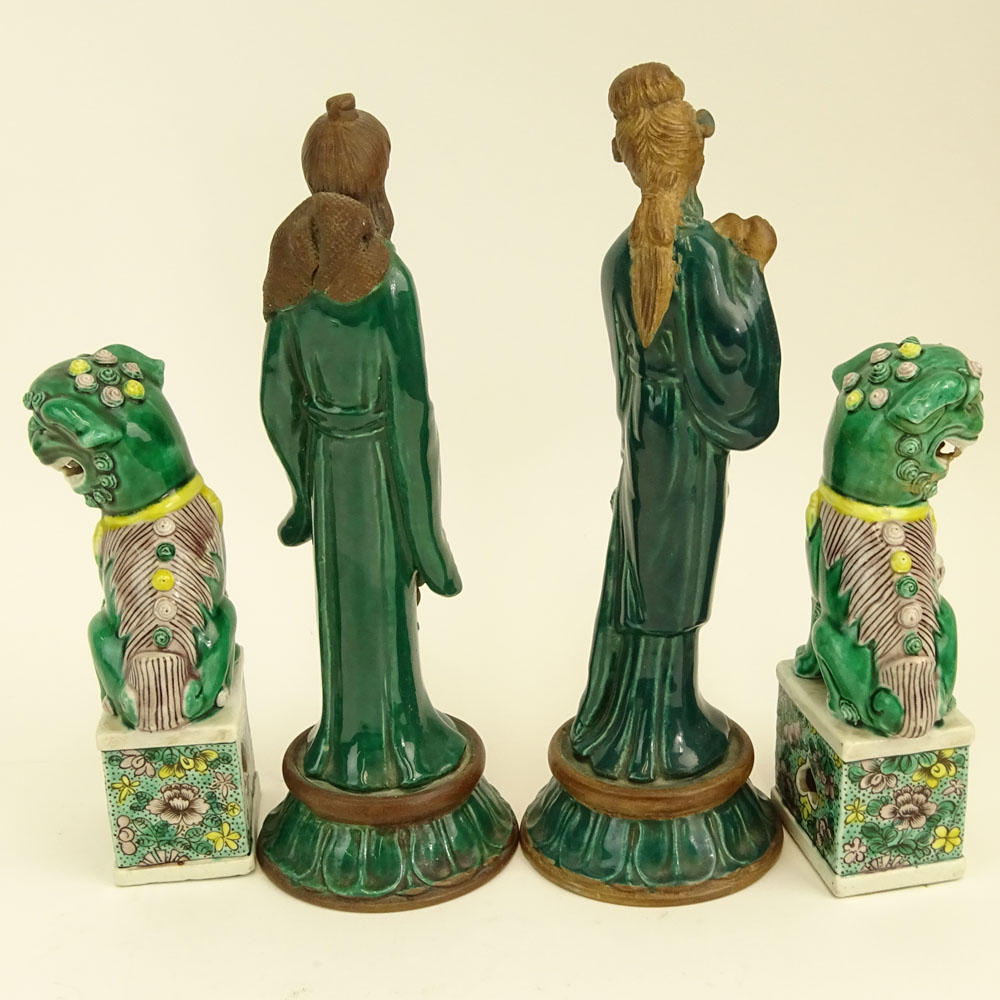 Two Pair of Vintage Chinese Figures. One pair green glazed terracotta Emperor and Empress.