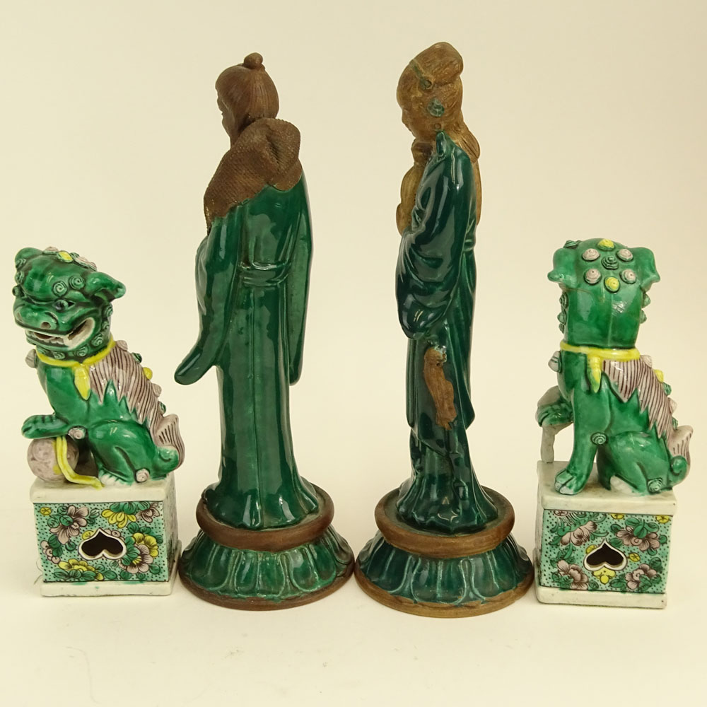 Two Pair of Vintage Chinese Figures. One pair green glazed terracotta Emperor and Empress.