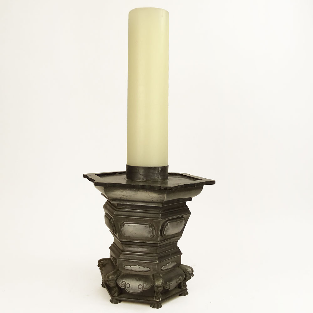 Large Chinese Pewter Pedestal Candle Holder.