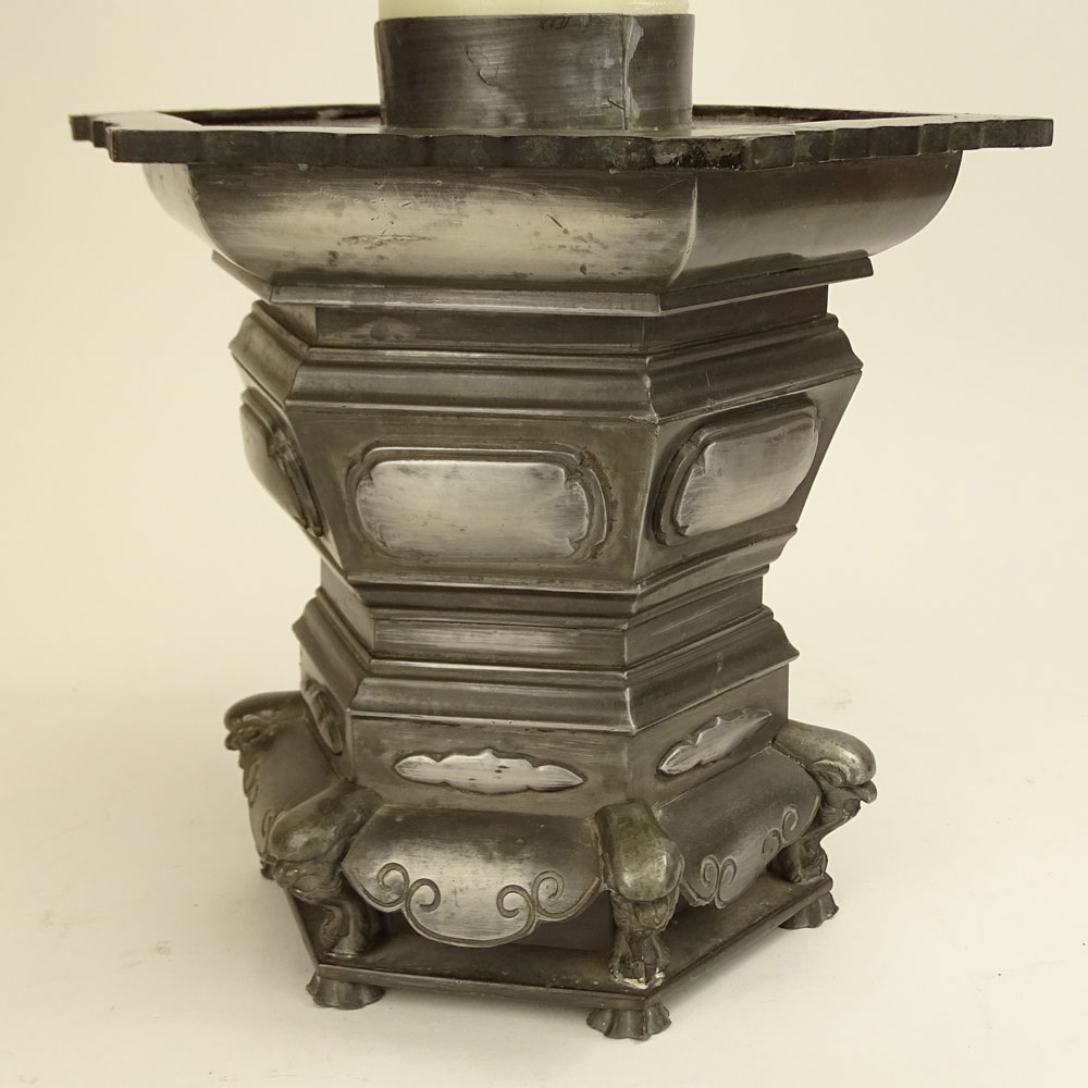 Large Chinese Pewter Pedestal Candle Holder.