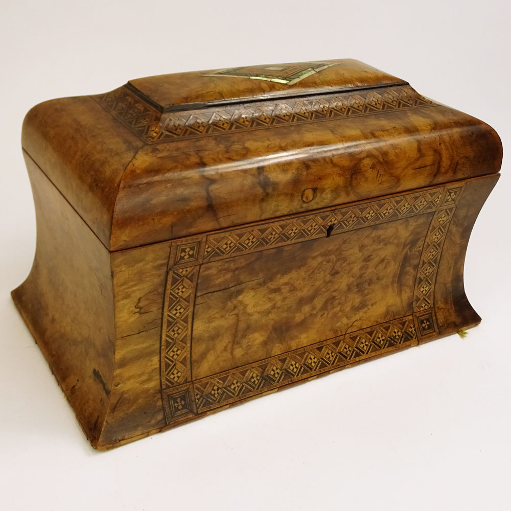 Antique English Burl Wood Tea Caddy with inlaid marquetry and mother of pearl.