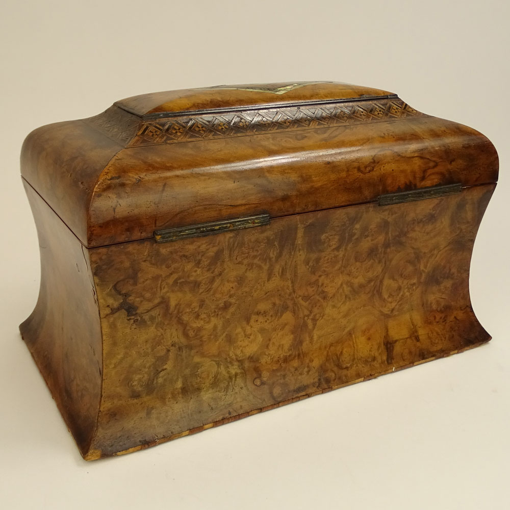 Antique English Burl Wood Tea Caddy with inlaid marquetry and mother of pearl.