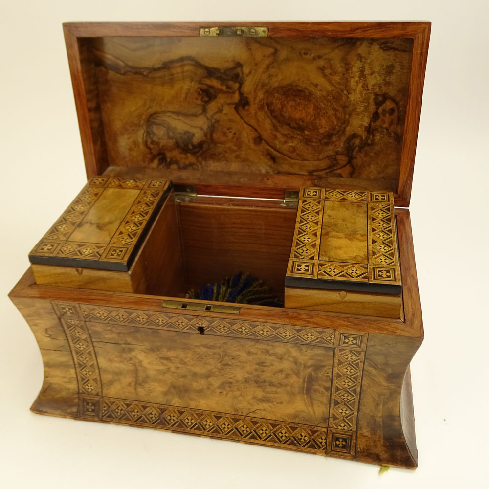 Antique English Burl Wood Tea Caddy with inlaid marquetry and mother of pearl.