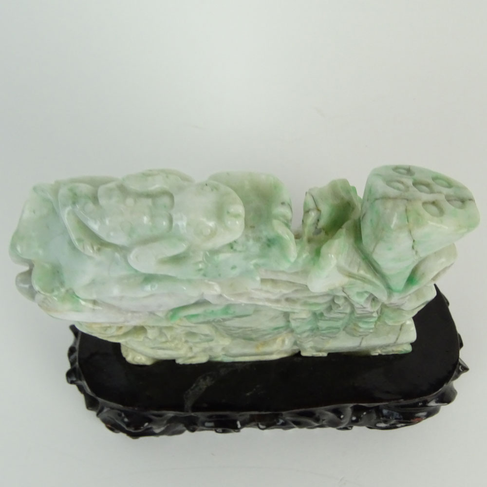 Chinese Jadeite Jade on Stand, Fish and Lotus Flower Motif. Carved hardwood stand.