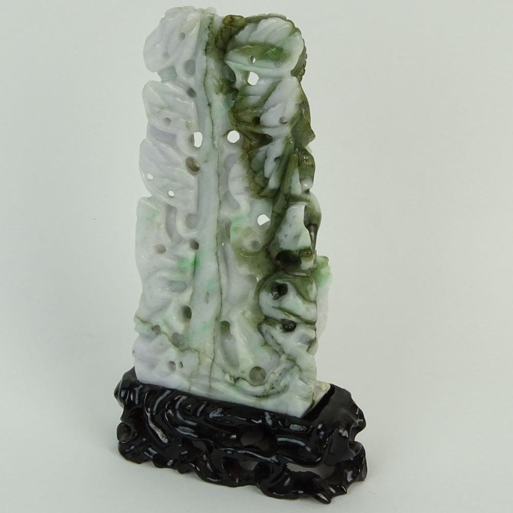 Chinese Mottled Green Jadeite Jade on Stand, Dragon Motif. Carved hardwood stand.