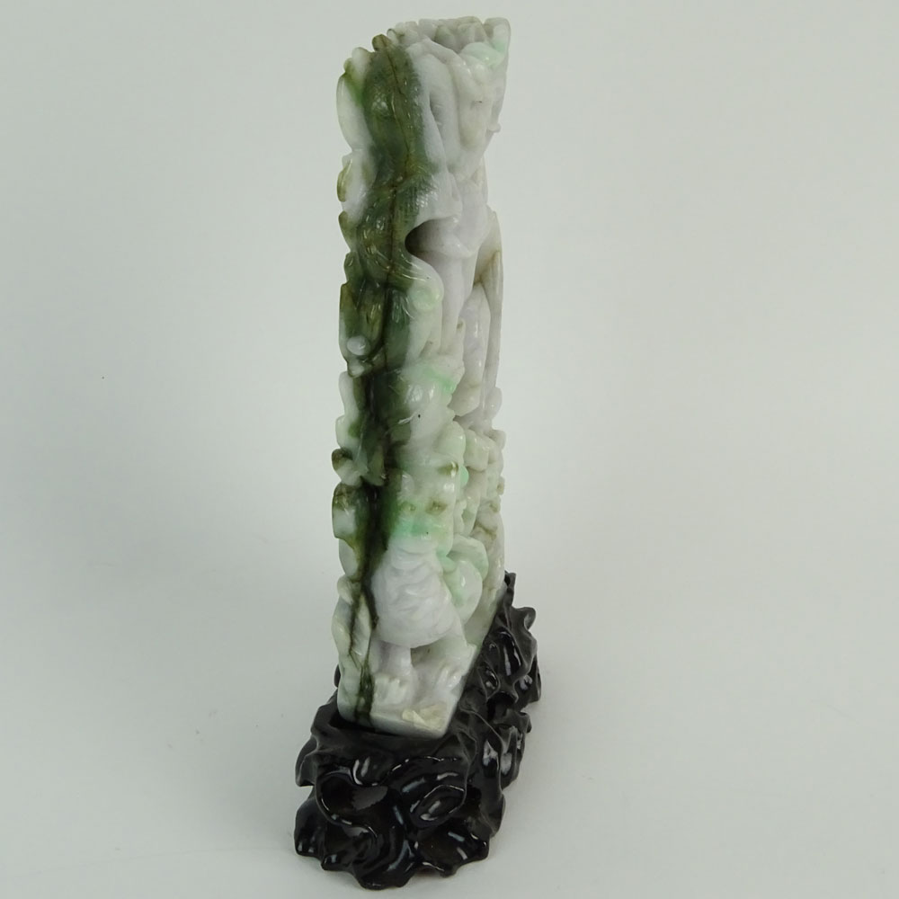 Chinese Mottled Green Jadeite Jade on Stand, Dragon Motif. Carved hardwood stand.