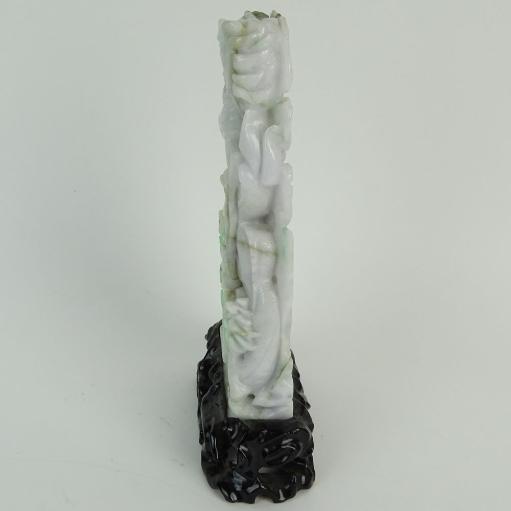 Chinese Mottled Green Jadeite Jade on Stand, Dragon Motif. Carved hardwood stand.