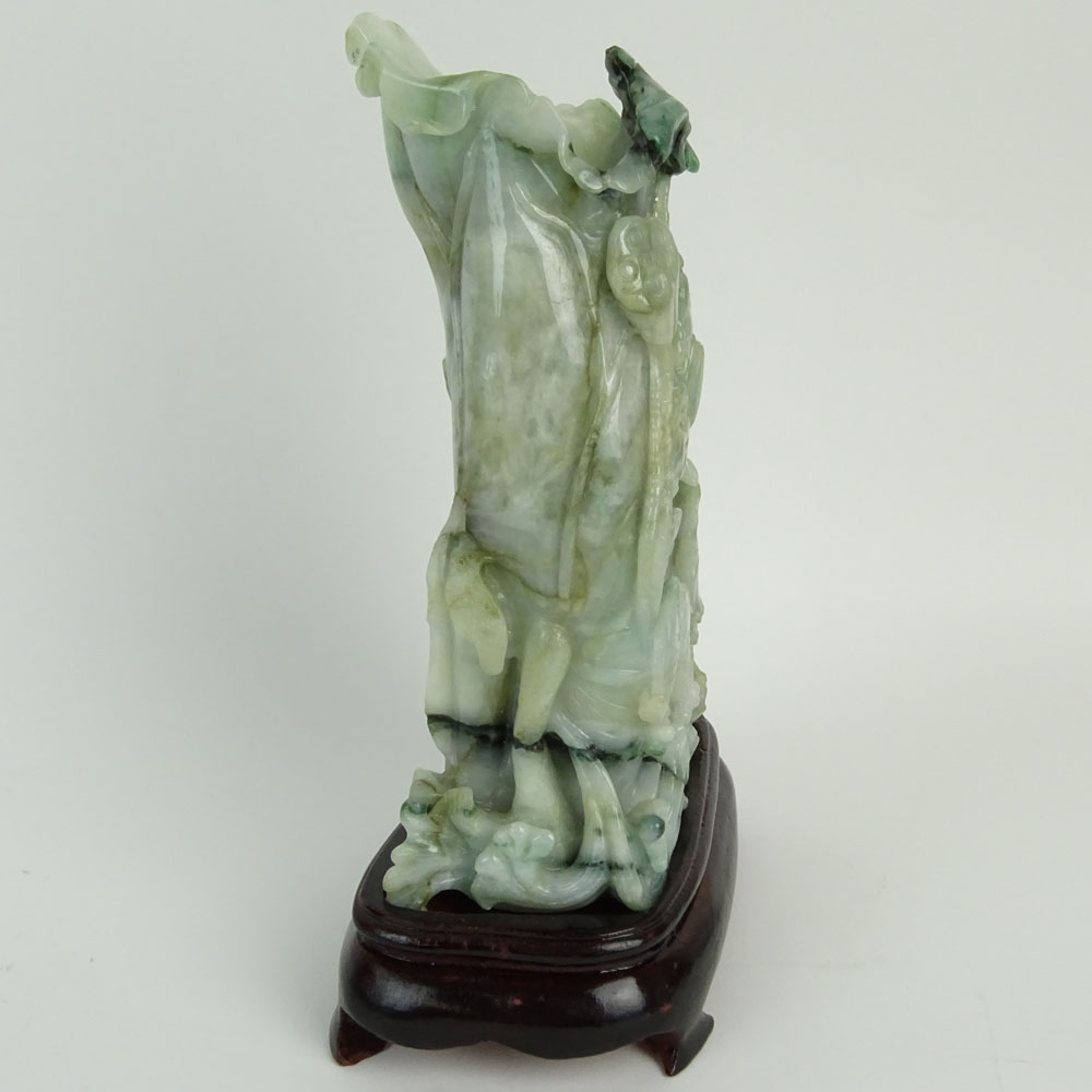 Chinese Mottled Green and White Jadeite Jade Carved Leaf Motif "Vase" Figurine.