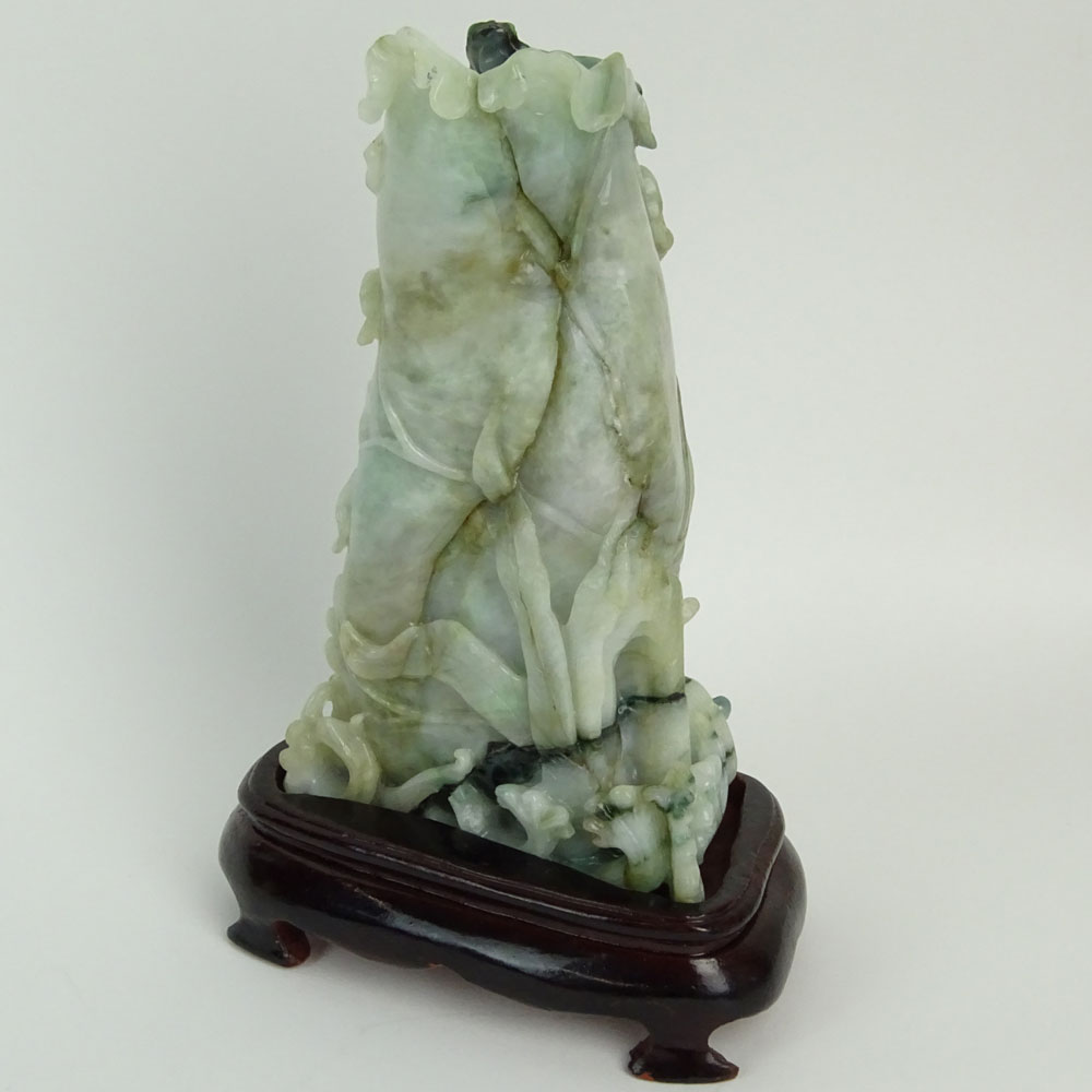 Chinese Mottled Green and White Jadeite Jade Carved Leaf Motif "Vase" Figurine.