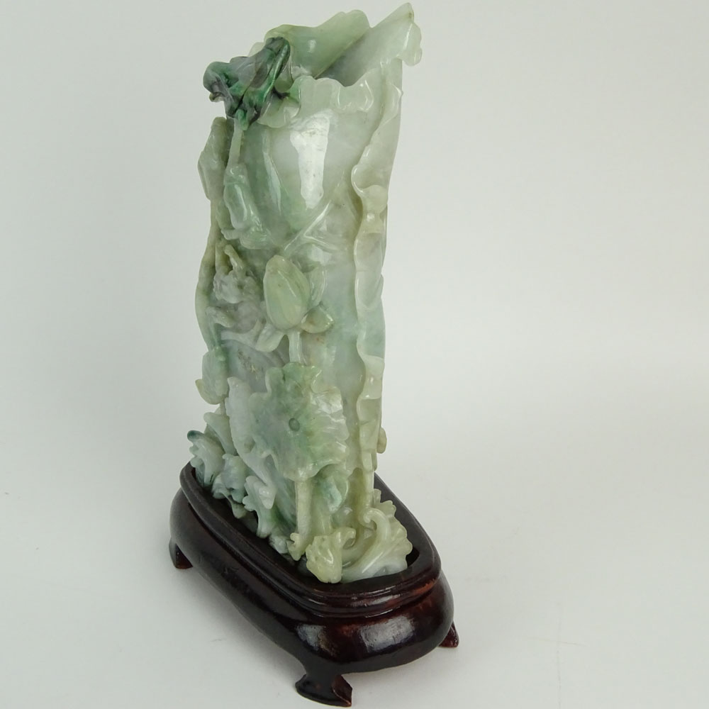 Chinese Mottled Green and White Jadeite Jade Carved Leaf Motif "Vase" Figurine.