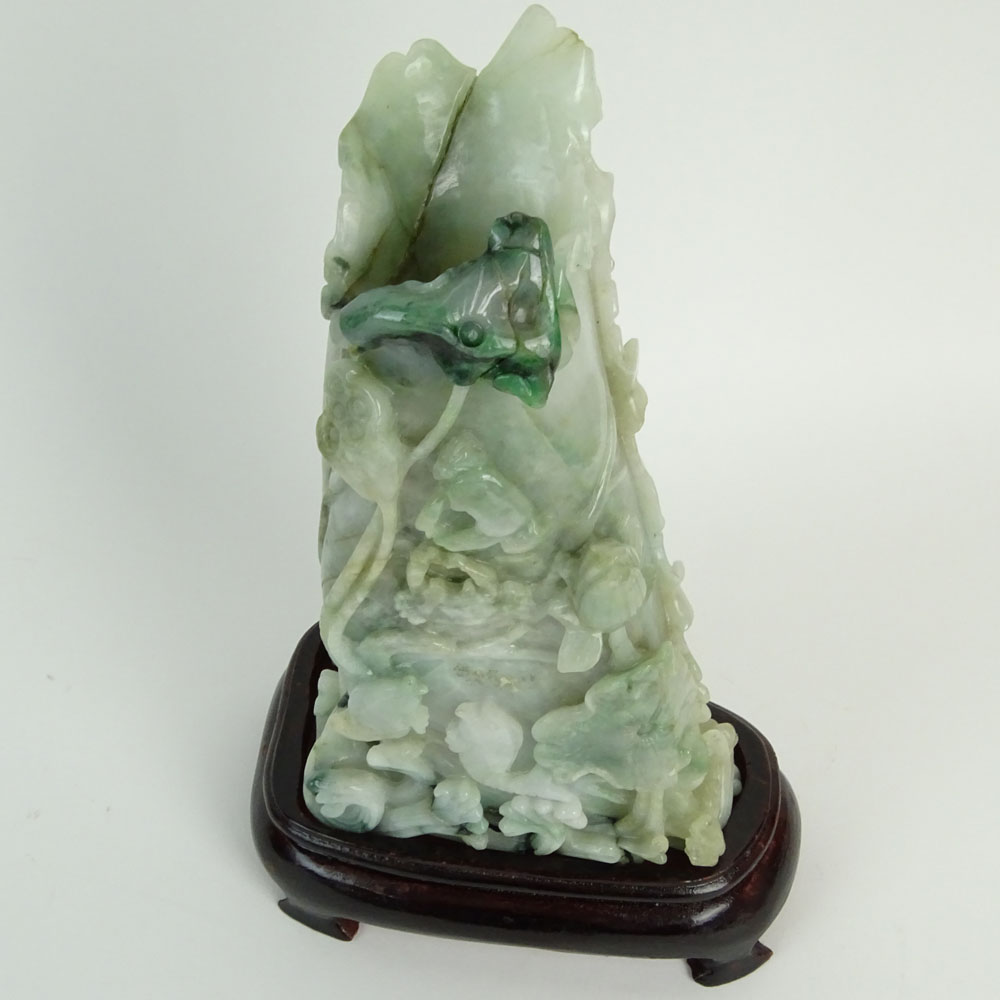 Chinese Mottled Green and White Jadeite Jade Carved Leaf Motif "Vase" Figurine.