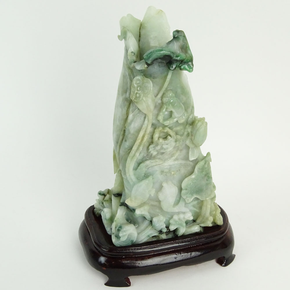 Chinese Mottled Green and White Jadeite Jade Carved Leaf Motif "Vase" Figurine.
