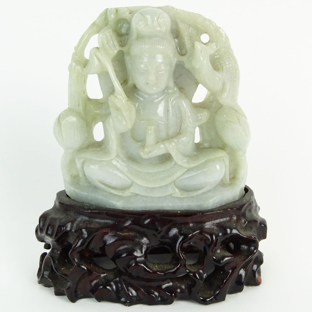 Chinese Greenish Gray Jadeite Jade Carved Guanyin Figurine. Hardwood stand.