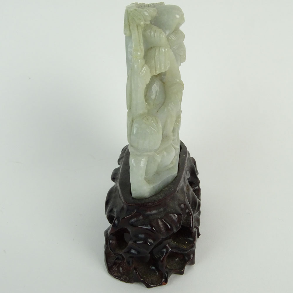 Chinese Greenish Gray Jadeite Jade Carved Guanyin Figurine. Hardwood stand.