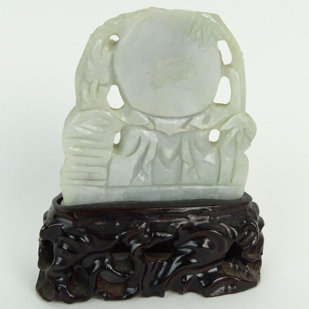 Chinese Greenish Gray Jadeite Jade Carved Guanyin Figurine. Hardwood stand.