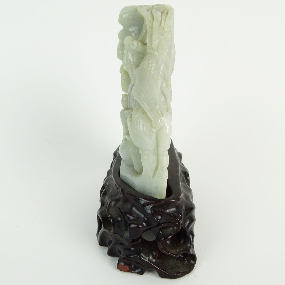 Chinese Greenish Gray Jadeite Jade Carved Guanyin Figurine. Hardwood stand.