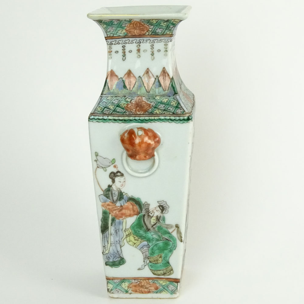 Antique Chinese Square Vase With Figural Mock Ring Handles.