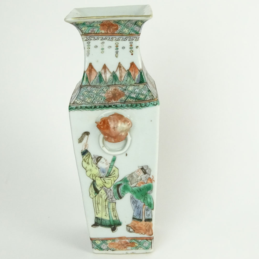 Antique Chinese Square Vase With Figural Mock Ring Handles.