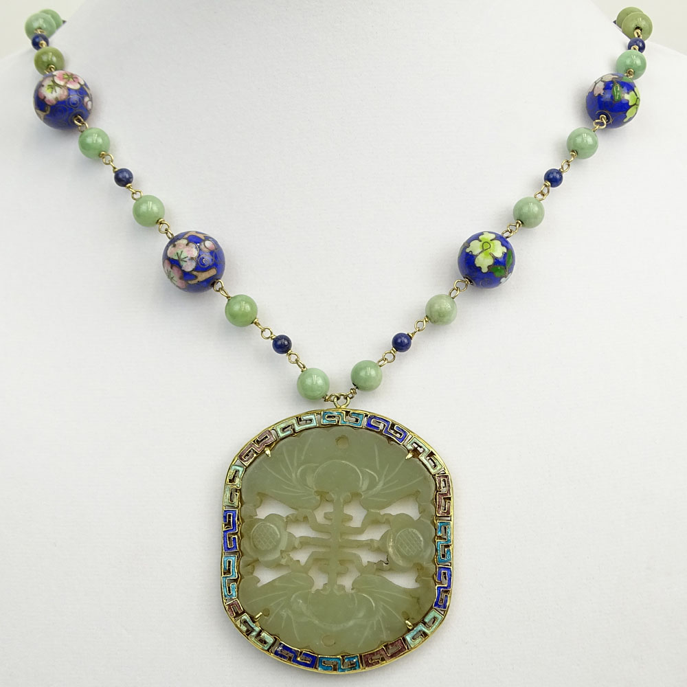 Chinese Celadon Jade Bead, Cloisonne Bead and 14 Karat Yellow Gold Necklace with Carved Celadon Pendant. 