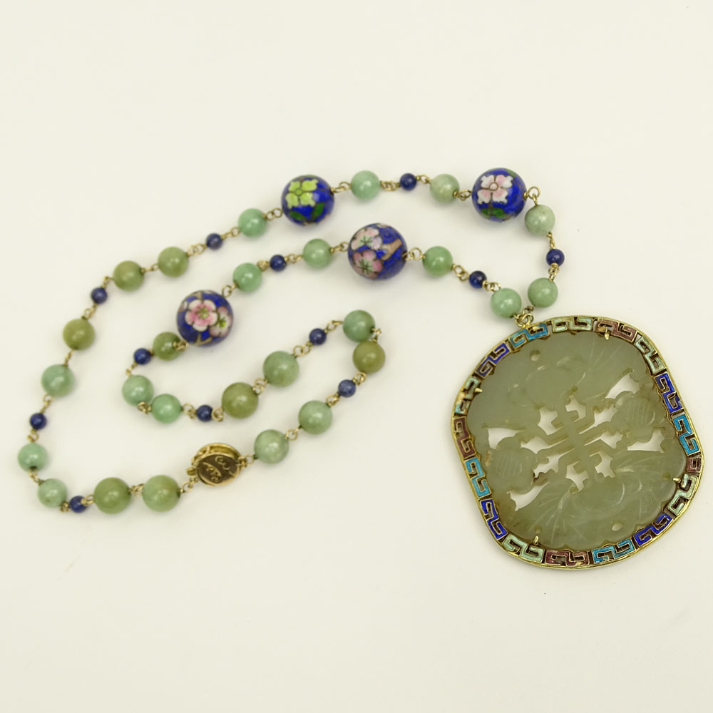 Chinese Celadon Jade Bead, Cloisonne Bead and 14 Karat Yellow Gold Necklace with Carved Celadon Pendant. 