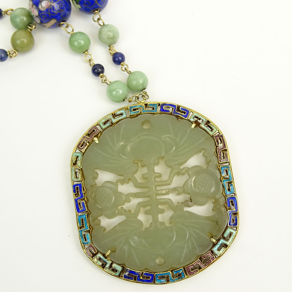 Chinese Celadon Jade Bead, Cloisonne Bead and 14 Karat Yellow Gold Necklace with Carved Celadon Pendant. 