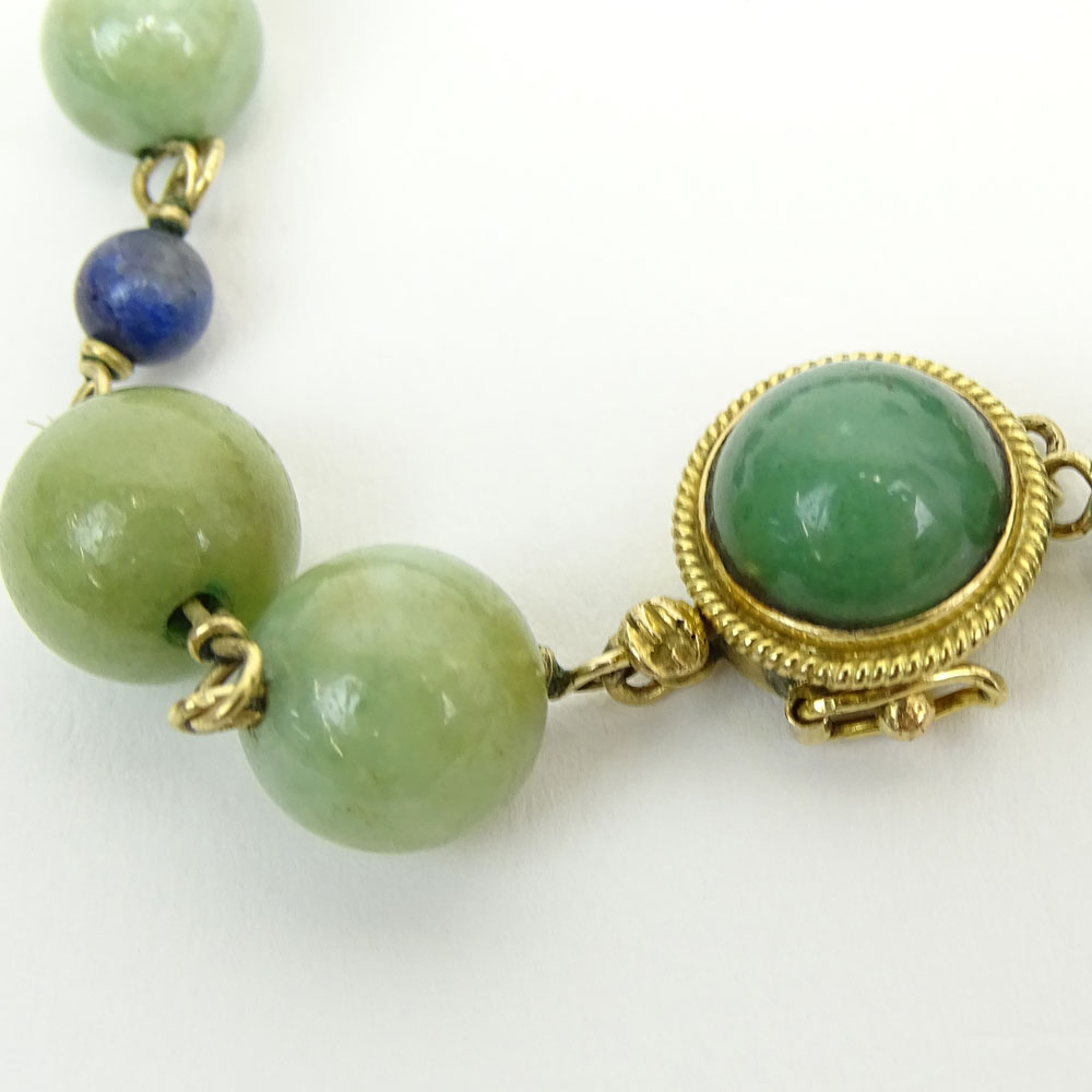 Chinese Celadon Jade Bead, Cloisonne Bead and 14 Karat Yellow Gold Necklace with Carved Celadon Pendant. 