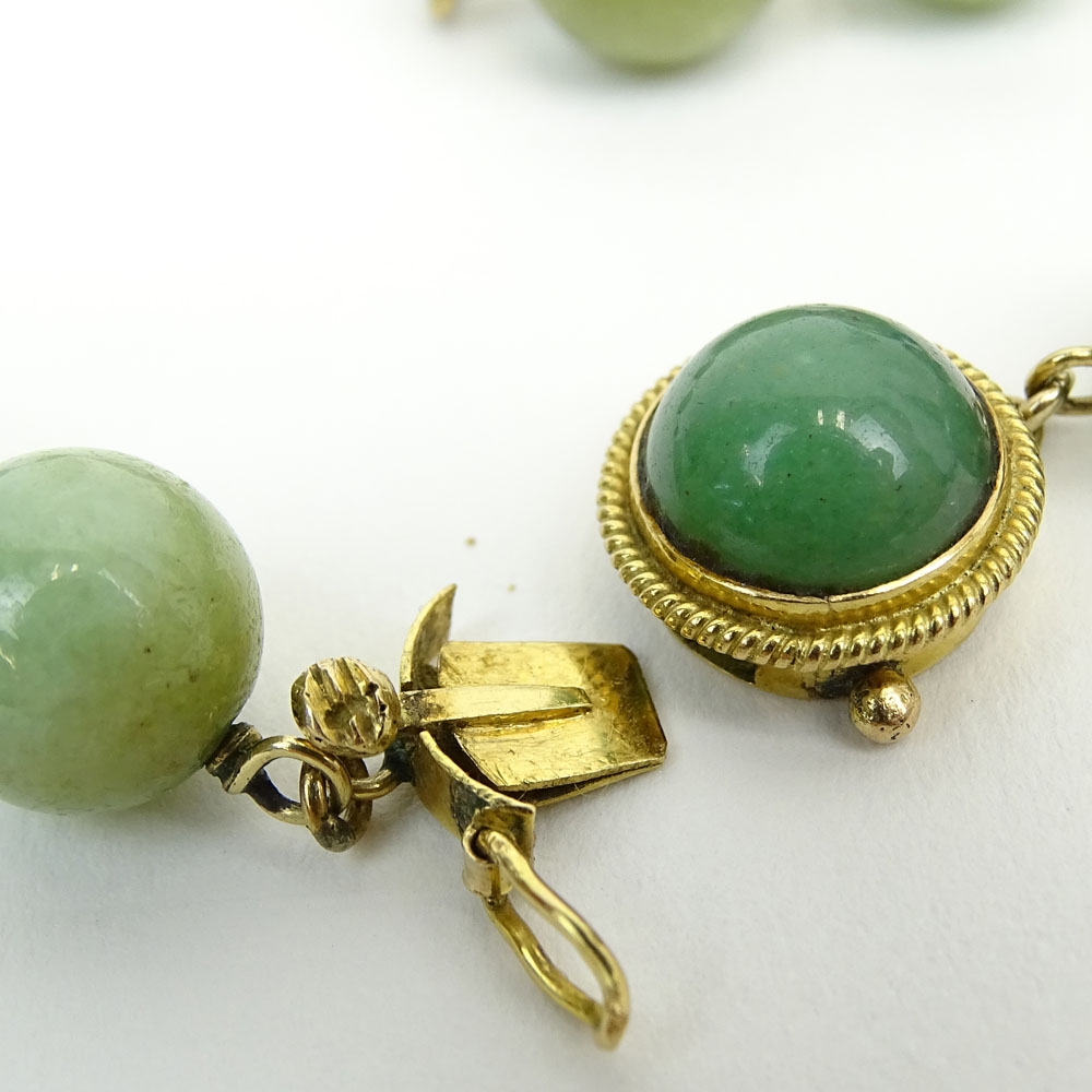 Chinese Celadon Jade Bead, Cloisonne Bead and 14 Karat Yellow Gold Necklace with Carved Celadon Pendant. 