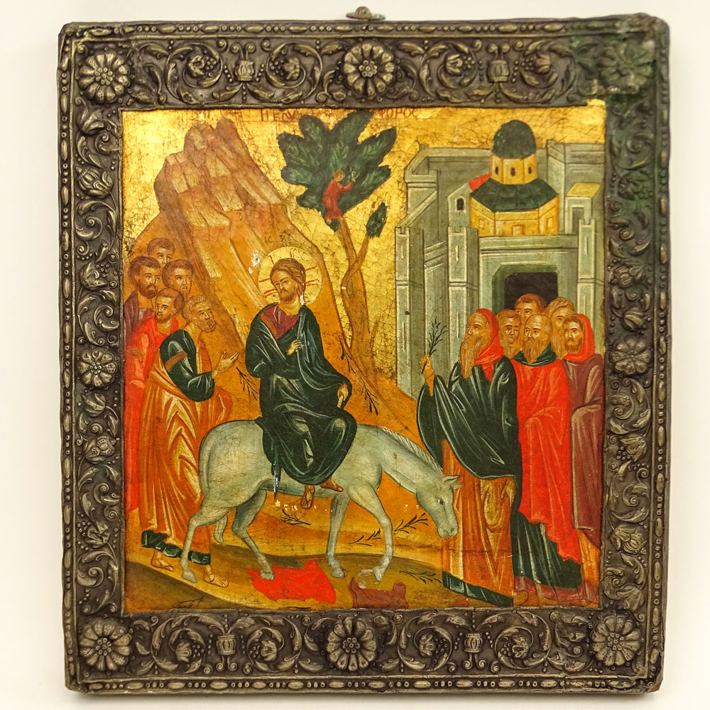Antique Painted Icon on Board with White Metal Overlay Border.
