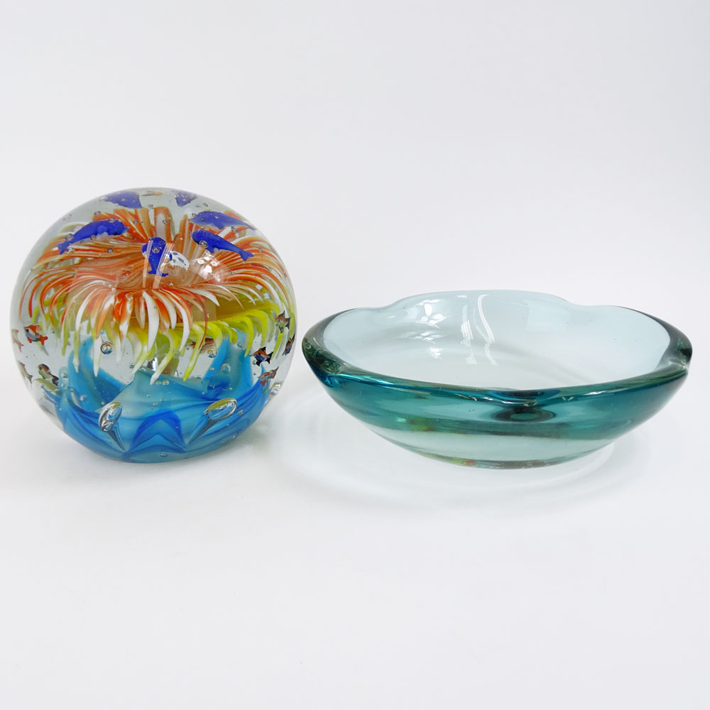 Large Contemporary Art Glass Paperweight with Fish Motif and a Vintage Glass Bowl with Fish Motif.