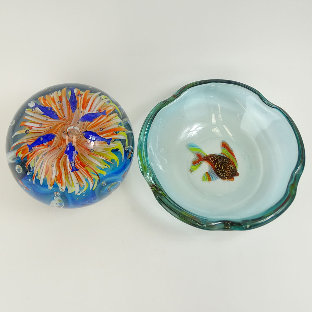 Large Contemporary Art Glass Paperweight with Fish Motif and a Vintage Glass Bowl with Fish Motif.